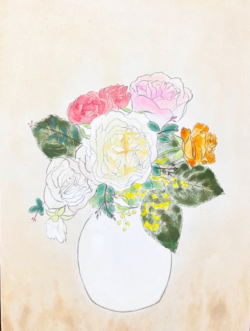 『薔薇とミモザ』松本裕子 24.4×33.4×2cm(F4号)